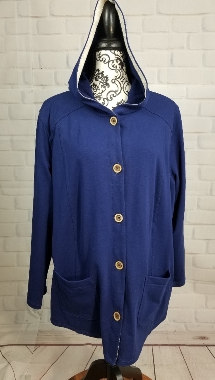 Susan Graver button front hooded jacket pockets 1x